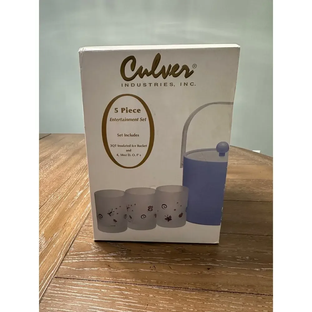 NIB Vintage Culver Glasses 5 Piece Double Old Fashion Glasses & Ice Bucket